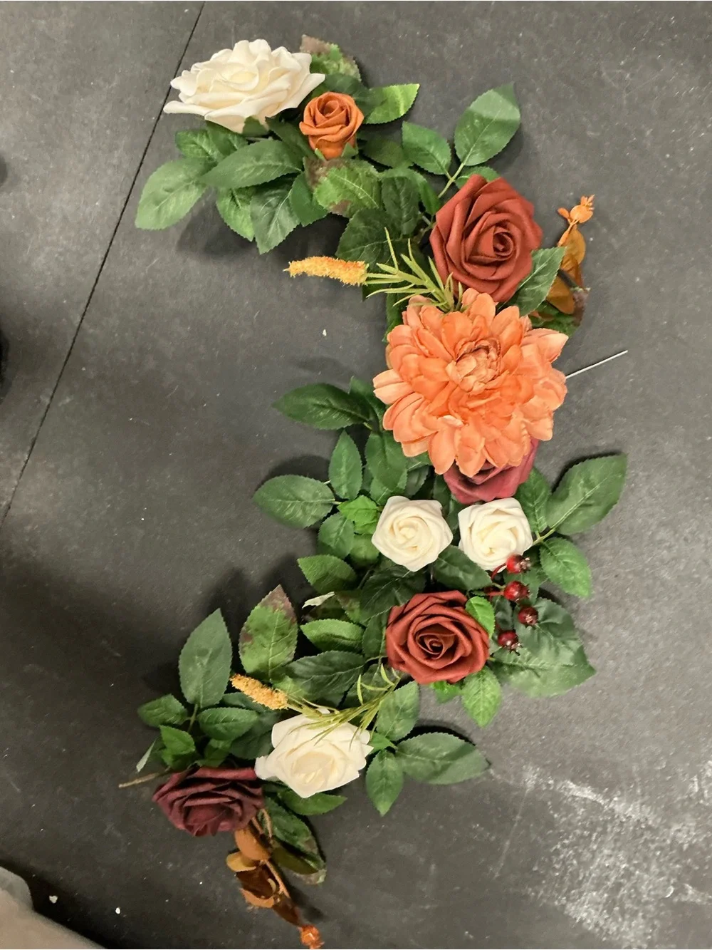 Elegant Mixed Rose and Peony Garland - Orange, Cream, Burgundy